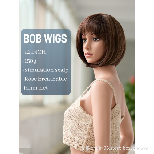 Wholesale Ombre Ash Blonde Color Machine Made Short Bob Wigs With Bangs For Black Women Daily Use Heat Resistant Synthetic Wig